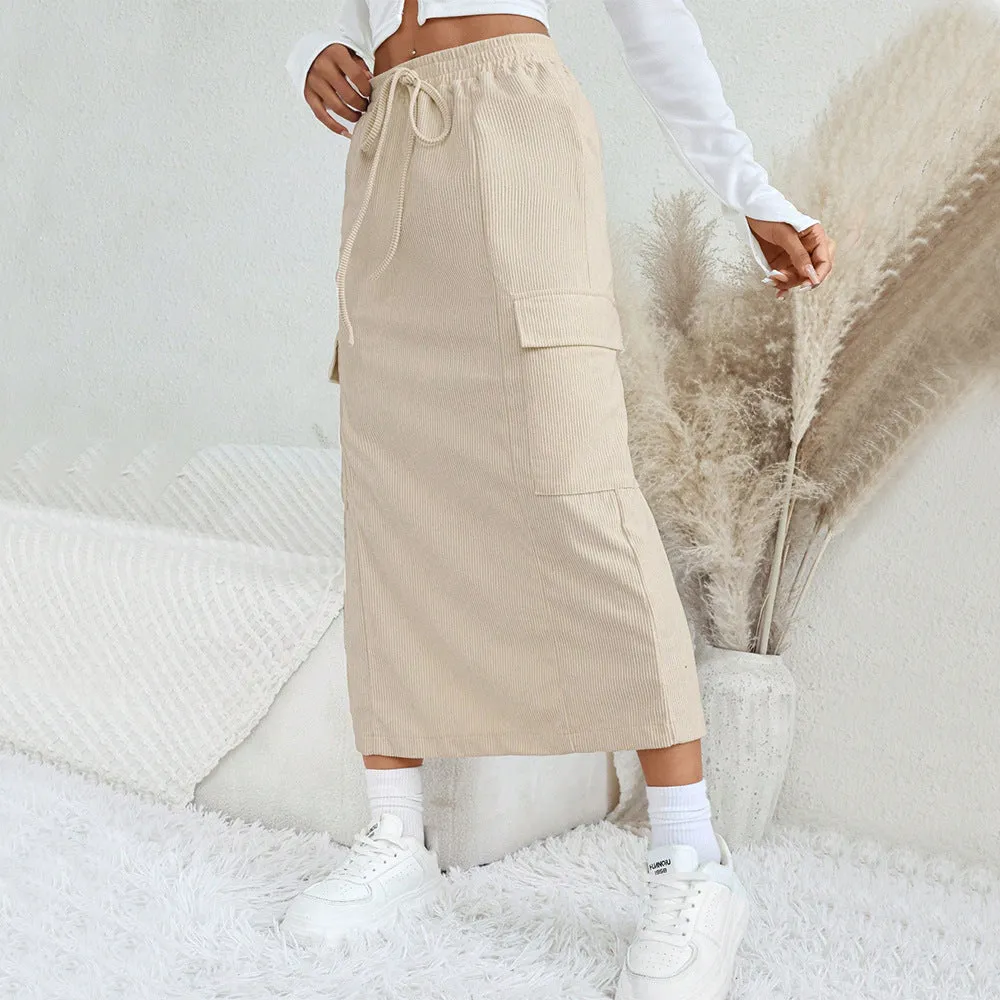 Women Clothing Autumn Winter Loose Casual Straight Leg Split Long Skirt Drawstring Workwear Skirt