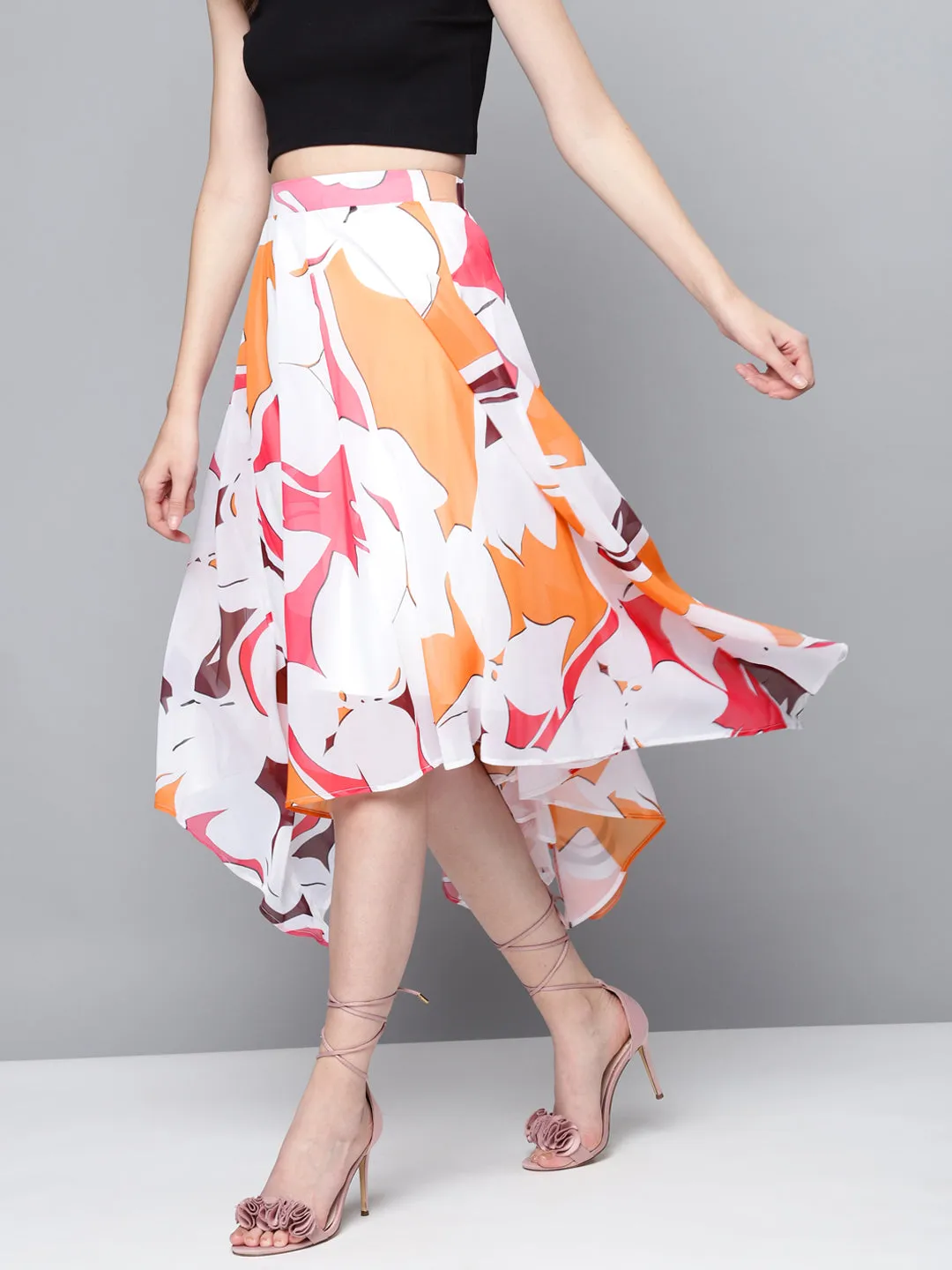 Women Orange Floral Asymmetric Midi Skirt