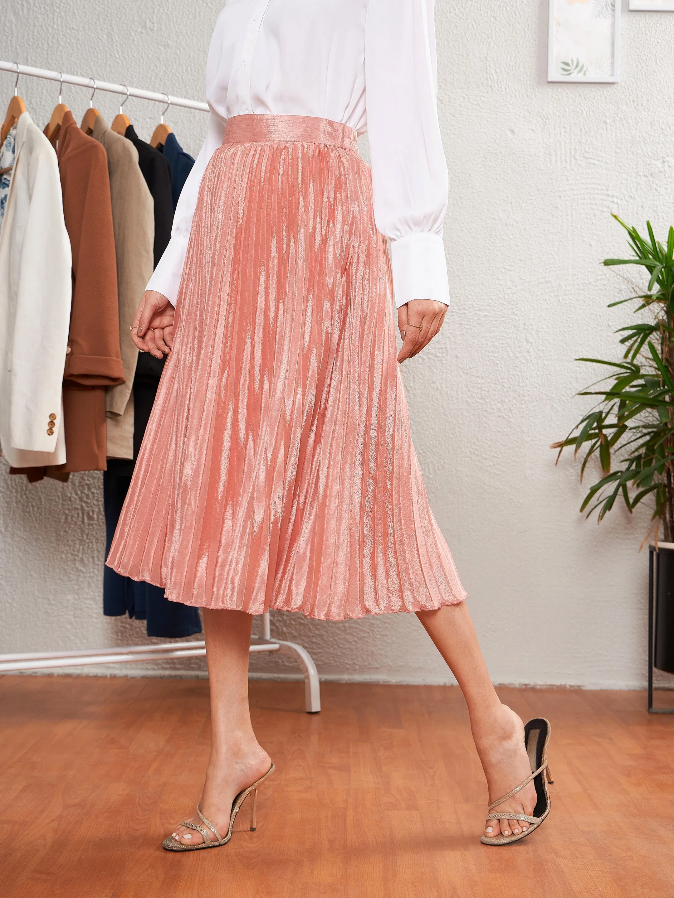 Women Pink Accordion Pleated Flared Midi Skirt