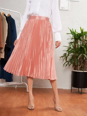 Women Pink Accordion Pleated Flared Midi Skirt