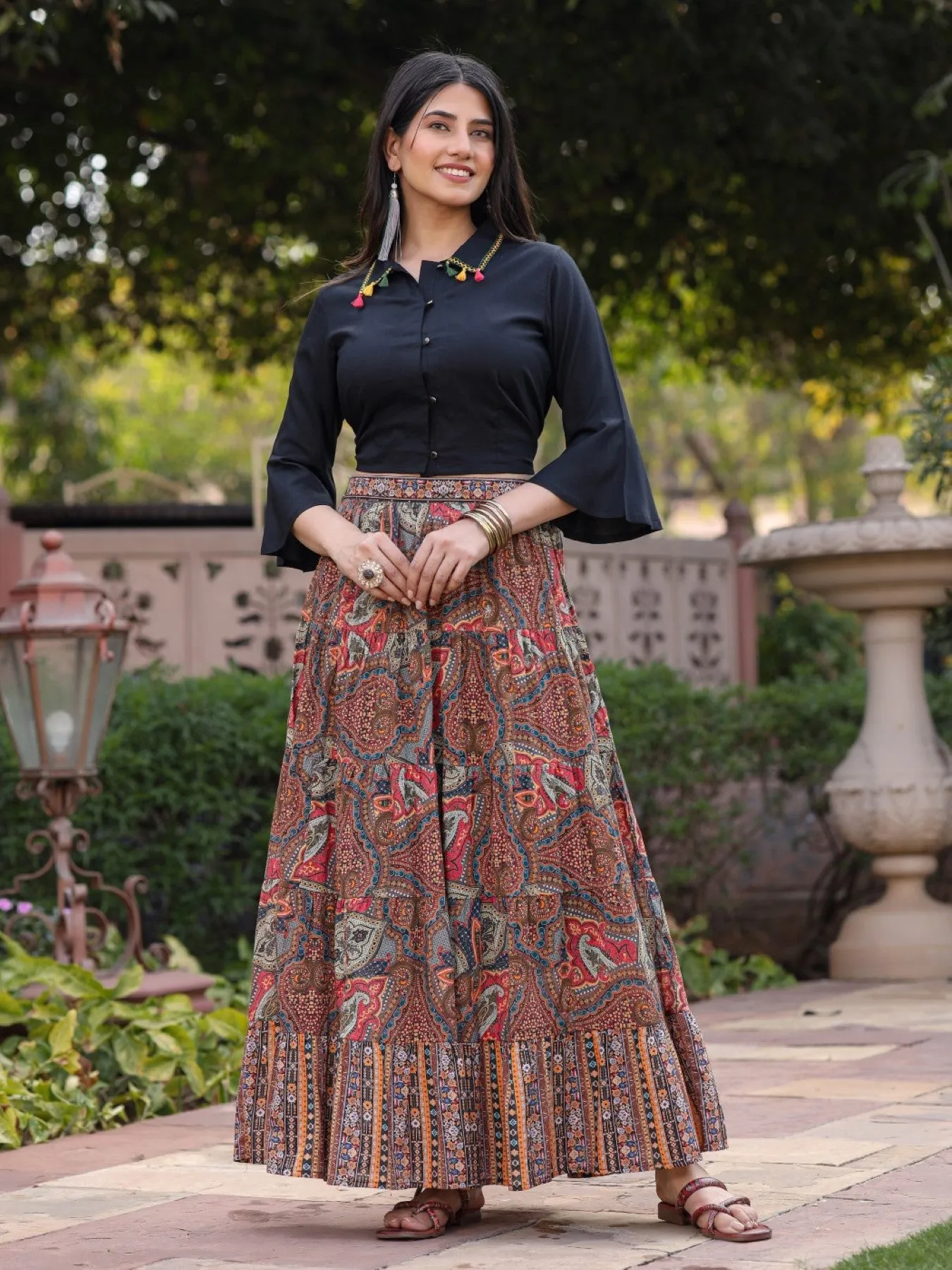 Women Solid Liva Rayon Black Shirt With Multi Color Skirt Co-Ord Set