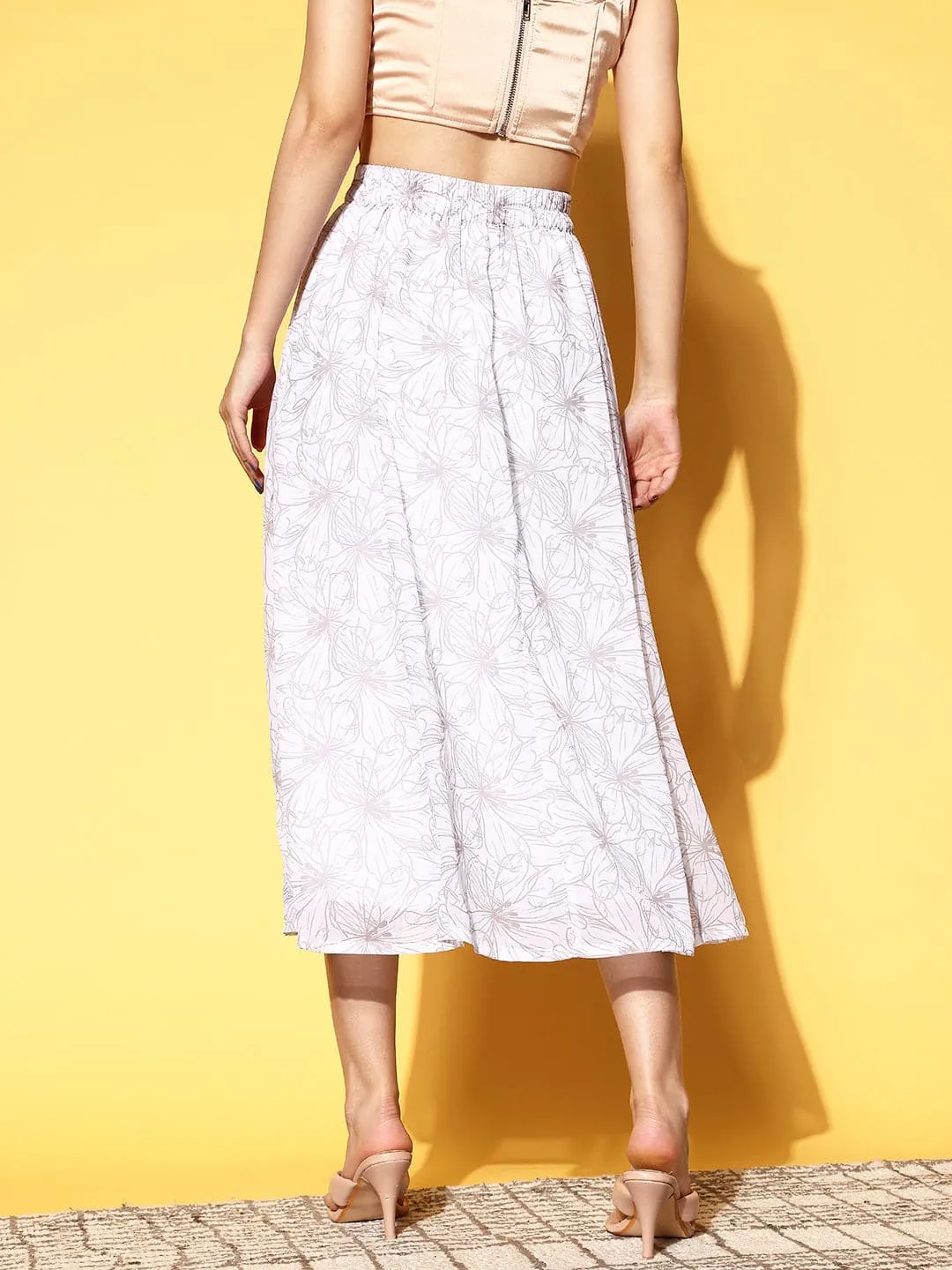 Women White Floral Flared Midi Skirt