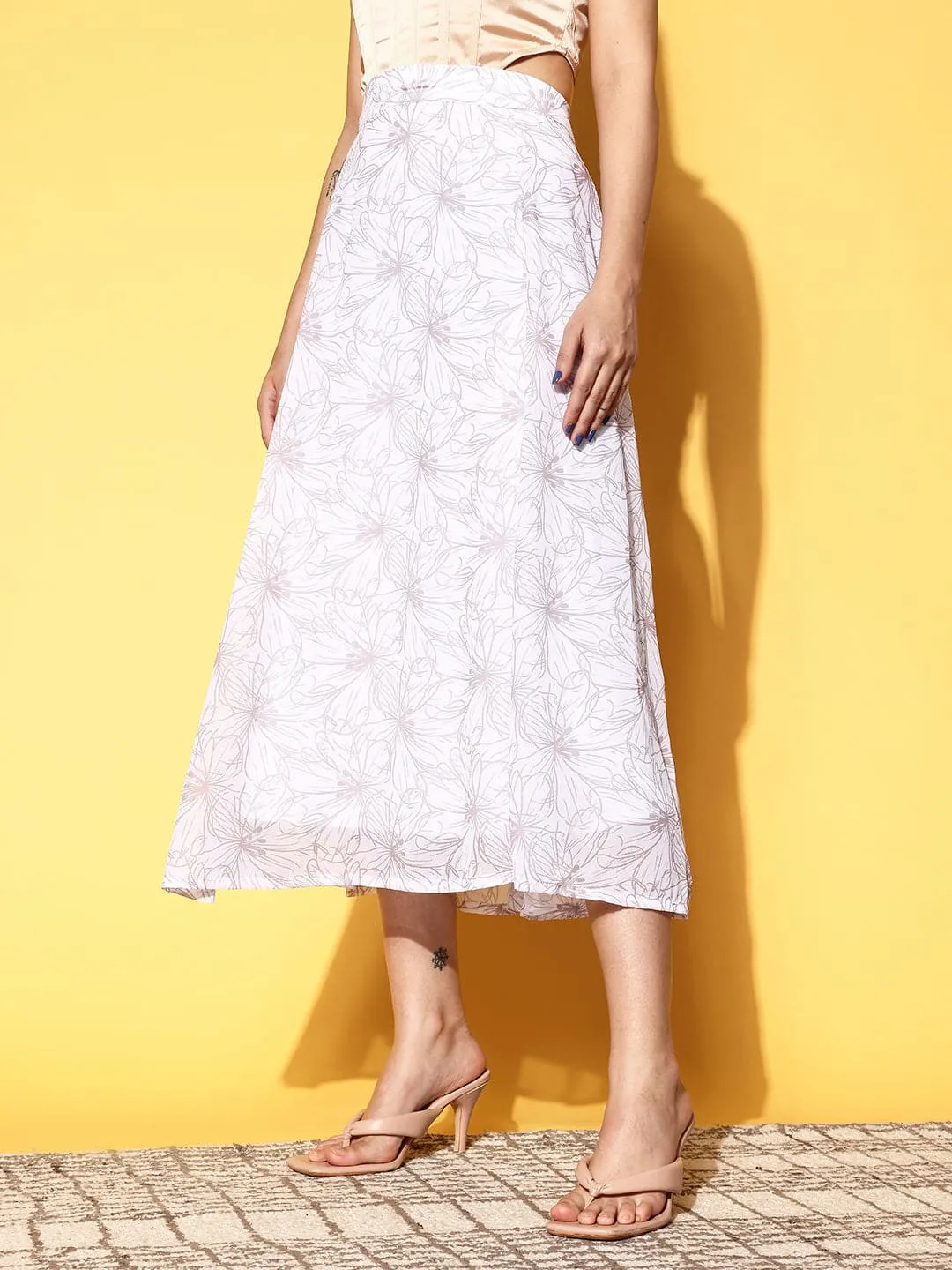 Women White Floral Flared Midi Skirt