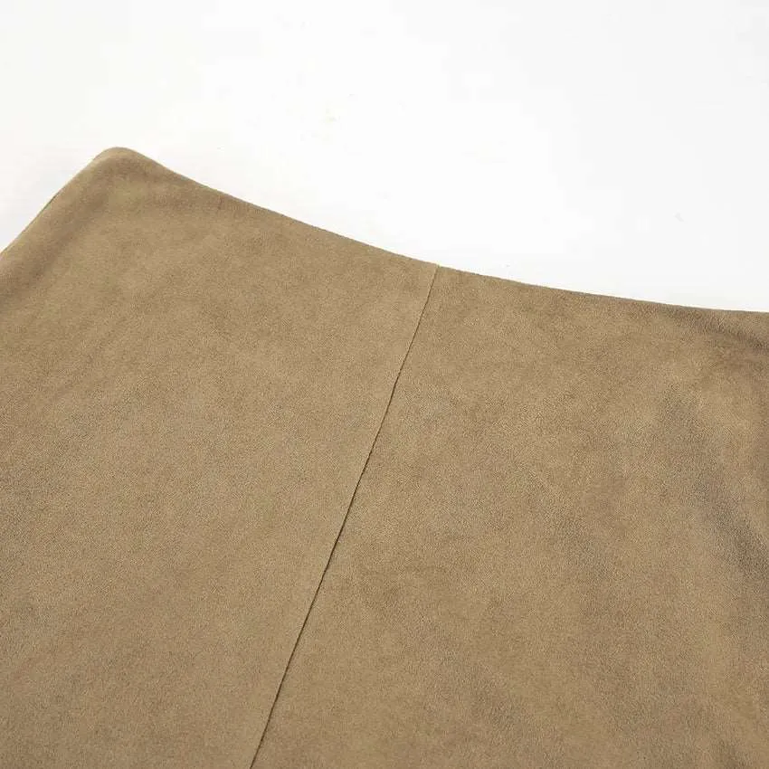 Women's Elegant Khaki High Waist Straight Long Suede Skirt