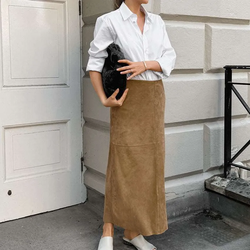 Women's Elegant Khaki High Waist Straight Long Suede Skirt