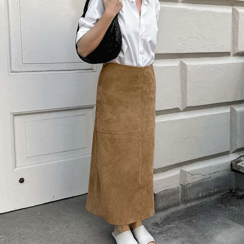 Women's Elegant Khaki High Waist Straight Long Suede Skirt